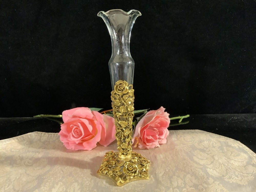 Vintage Matson Rose Ormolu Hollywood Regency Bud Vase 8 1/2"