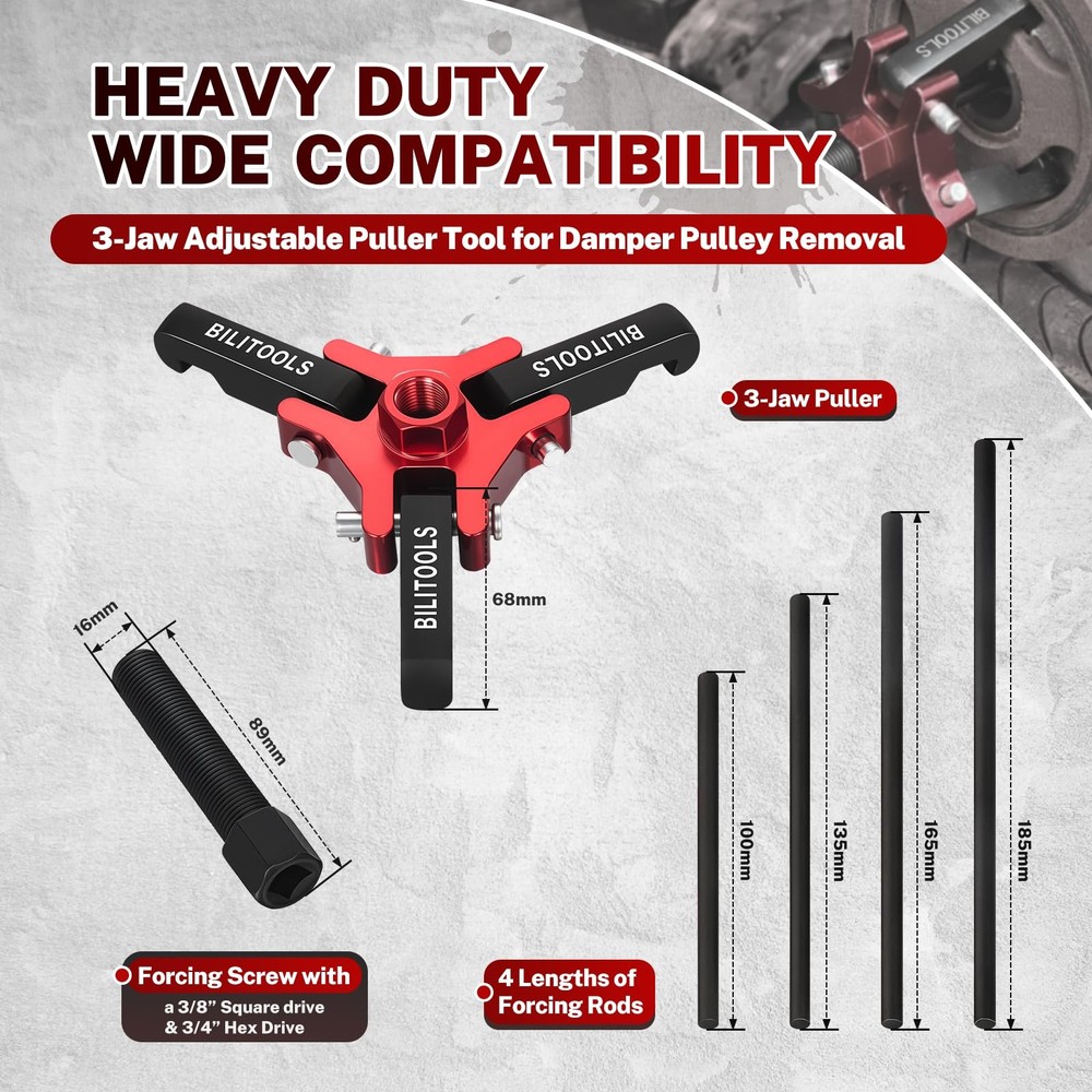 BILITOOLS Harmonic Balancer Puller Set, Upgraded 3-Jaw Pulley Puller with Hol...