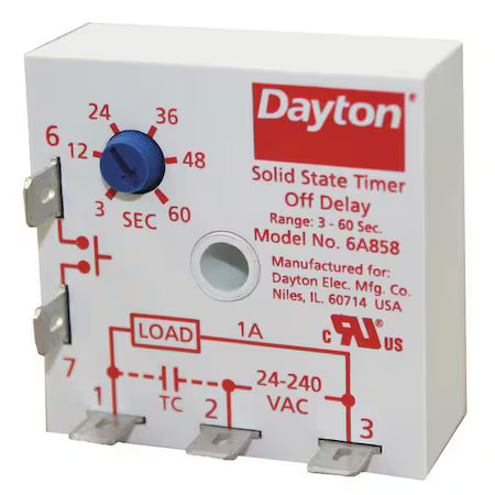 Dayton 6A858 Single Function Encapsulated Timing Relay, Square, Off Delay, 1