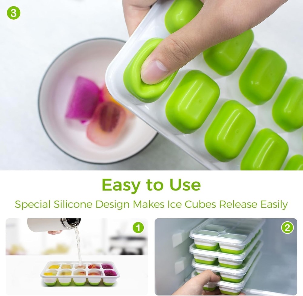 Ice Cube Tray with Lids - 4 Pack Stackable Silicone Ice Trays for Freezer, BP...