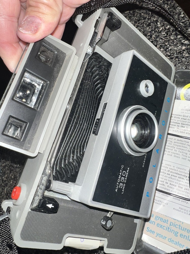 Vintage Polaroid Automatic 330 Land Camera With Case & Manual, Paperwork + Flash