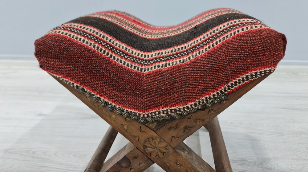 Vintage Handmade Stool, Authentic decor, wool kilim seating, ottoman stool