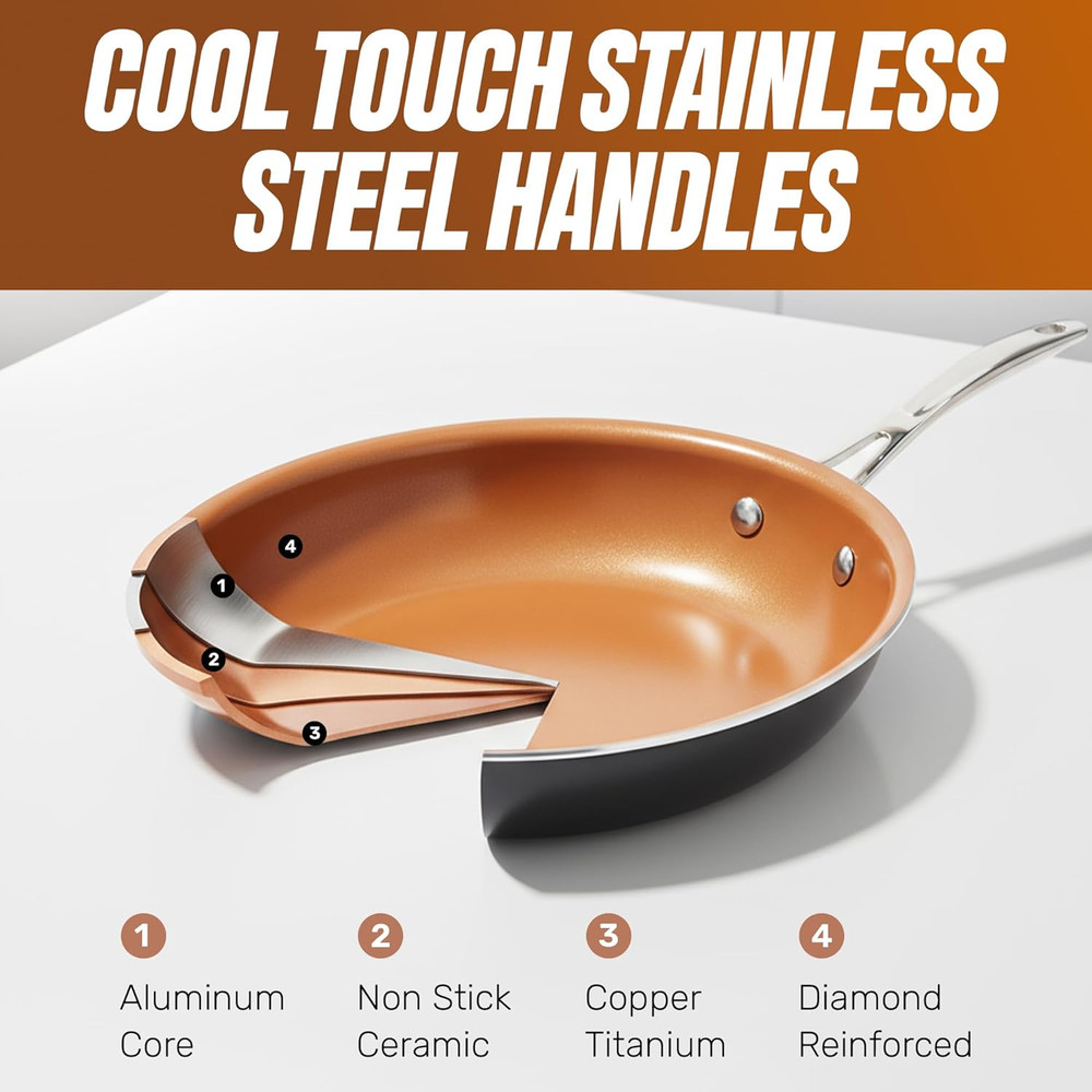 12 Pc Nonstick Ceramic Cookware Set with Steamer – Copper