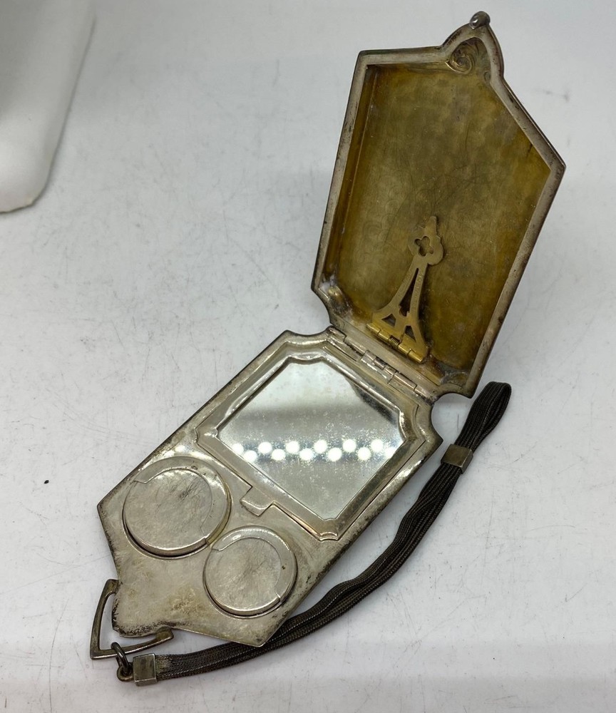 Sterling Silver Compact Coin Dance Mirror Mesh Strap Wristlet