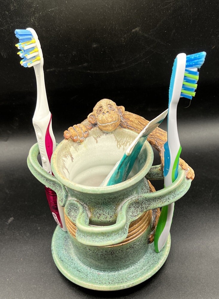 Whimsical Art Pottery Toothbrush Toothpaste Holder Chimp Monkey