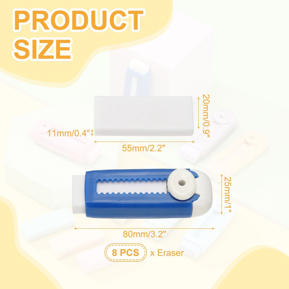 8 Pack Erasers, Pencil Erasers Large Eraser Push Pull Cute Soft, Blue White