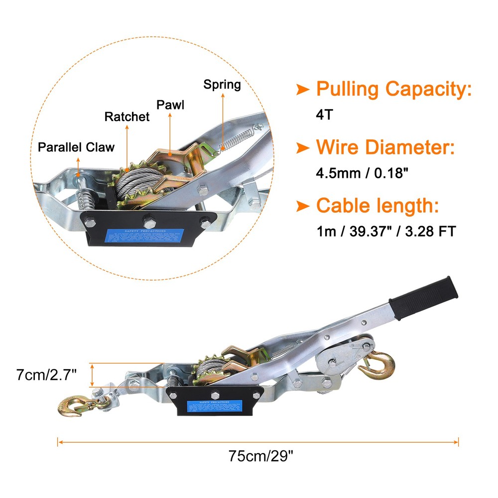 Come Along Winch,4 Ton Winch,Hand Cable Puller with 2 Hooks