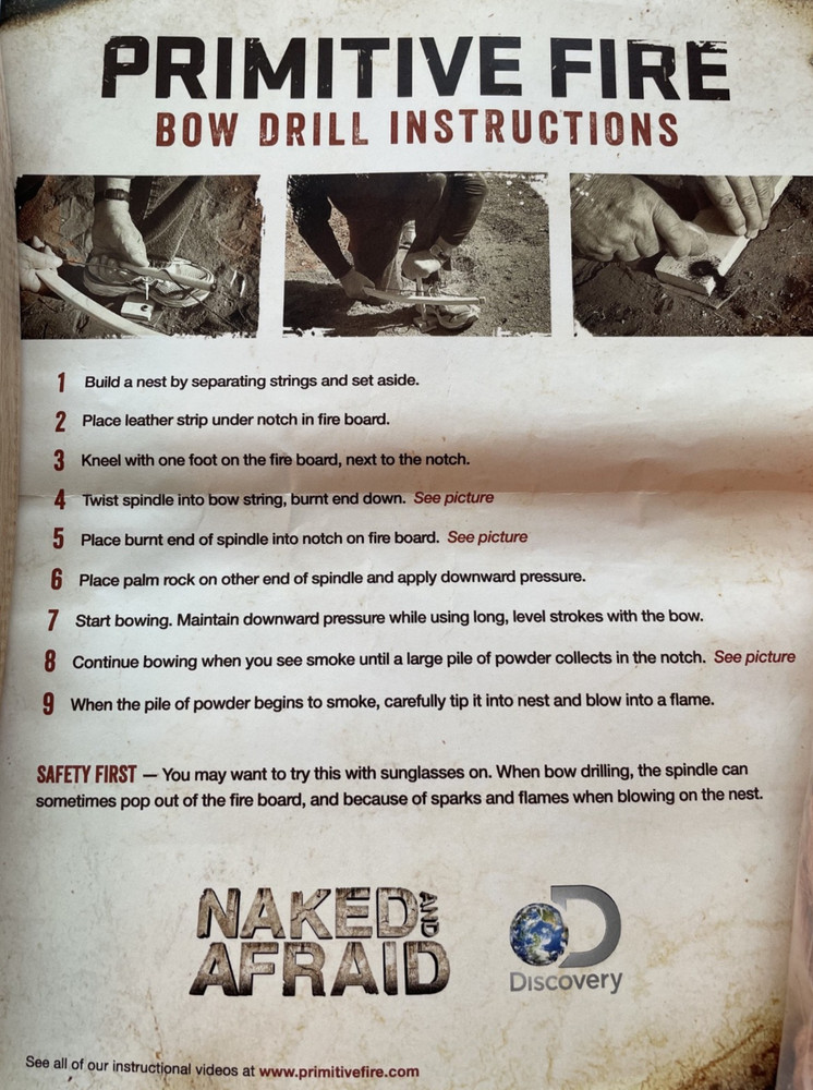 Primitive fire bow drill kit with instructions