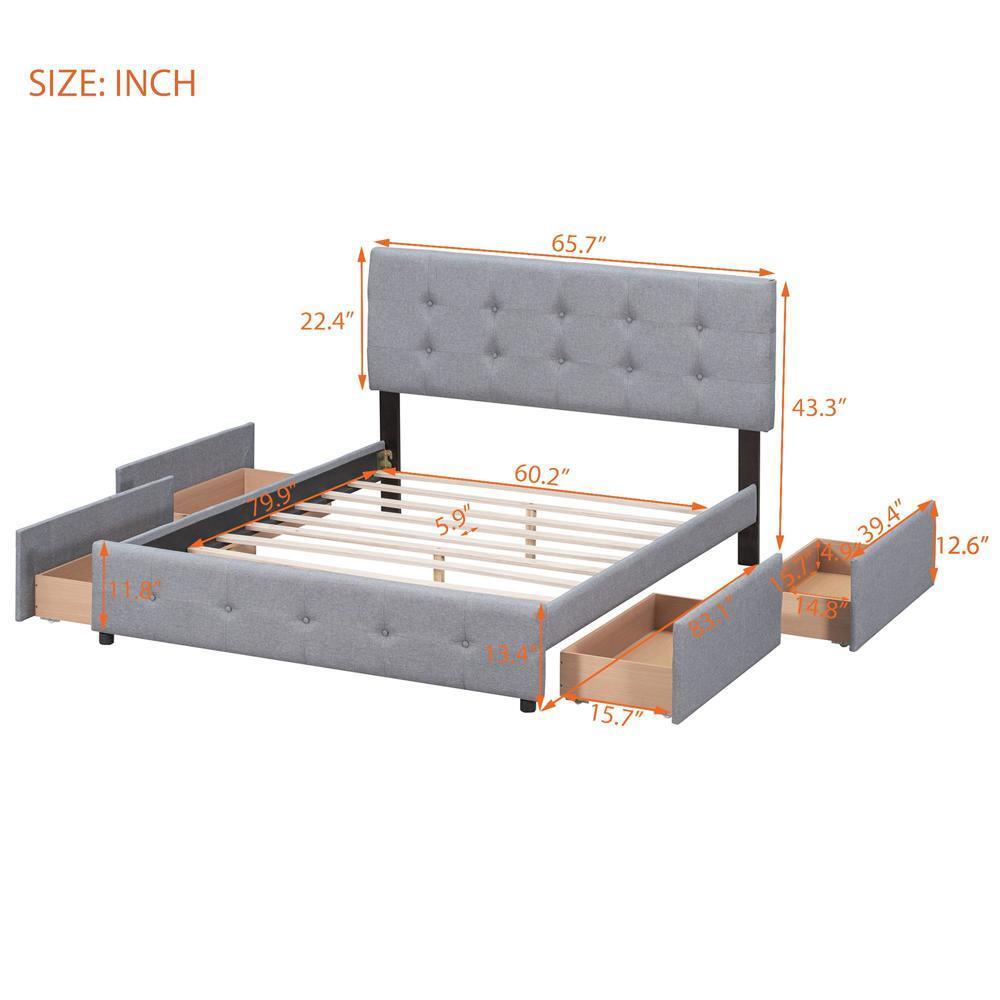 Sturdy and Durable Queen Size Platform Bed with Classic Headboard and Drawers