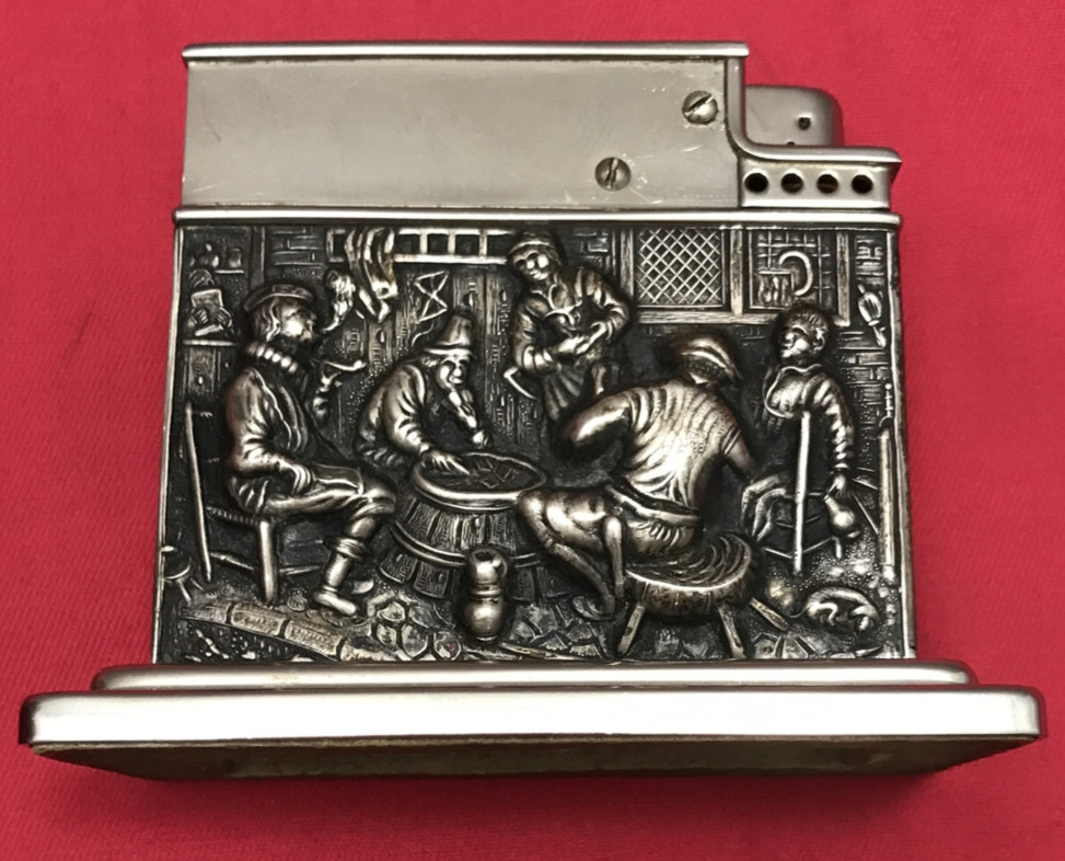 Vintage MYLFLAM .835S Silver Embossed Case TABLE LIGHTER Push Button