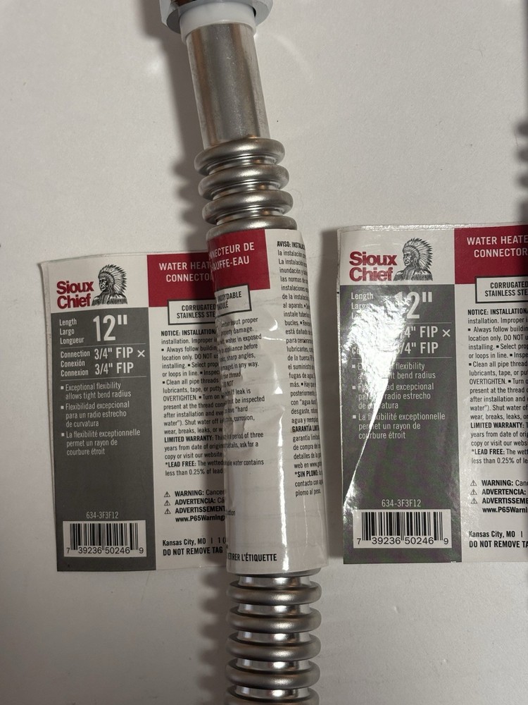 Sioux Chief 12" Corrugated Stainless Water Heater Connectors 3/4" FIP x 3/4" FIP