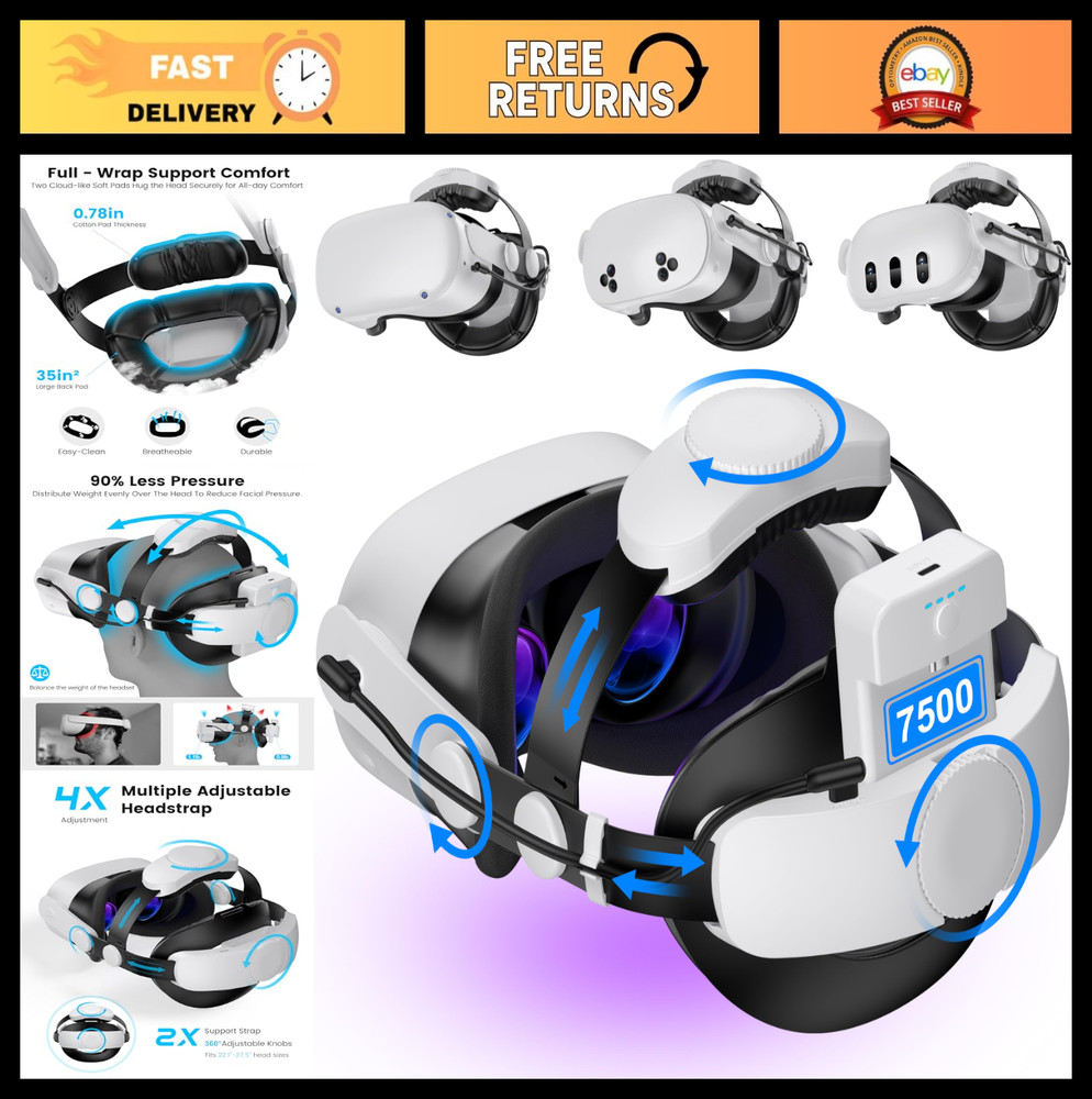 Adjustable VR Head Strap for Meta Quest 3/2 with 7500mAh Battery Pack, Enhanced