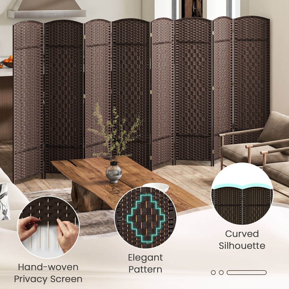 8-Panel Room Divider 6 FT Tall Folding Privacy Screen w/Solid Wood Frame