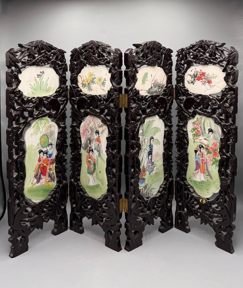 Chinese Four-Panel Folding Table Screen — Hand-Painted Dark Wood