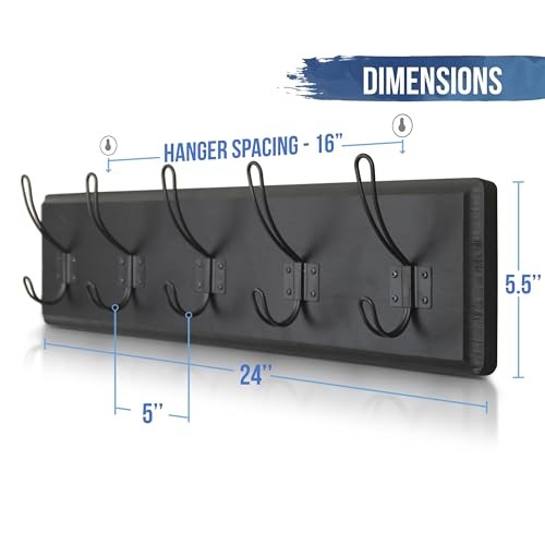 Black Rustic Coat Rack Wall Mount with 5 Hooks, Solid 24" - 5 Hooks 3- Black