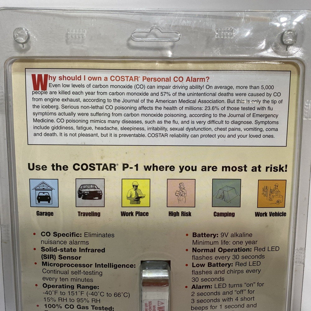 COSTAR Personal Carbon Monoxide Alarm Model P-1