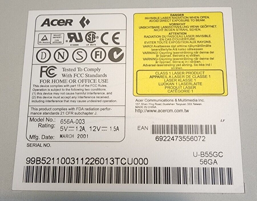 ACER CD-Rom Drv Model 656A-003 56x Ivory 5.25"
