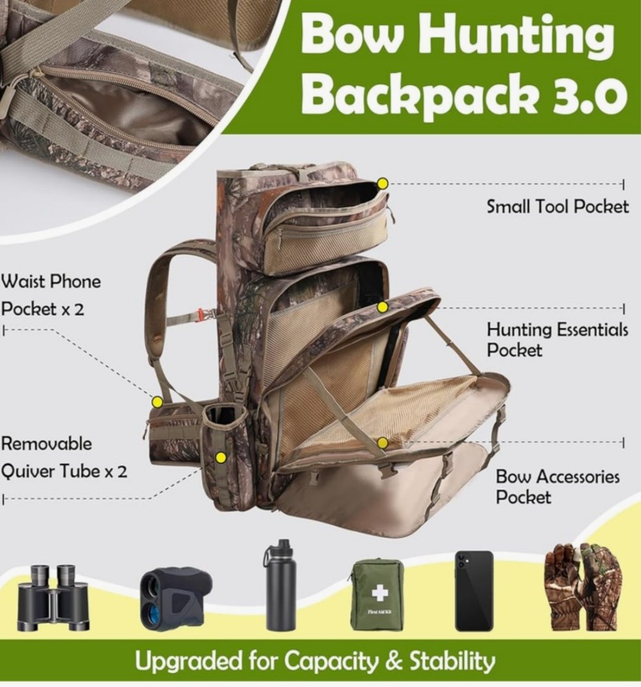 Bow Hunting Backpack 3.0 Camouflage Fits Compound Bows 5 Pockets Adjustable