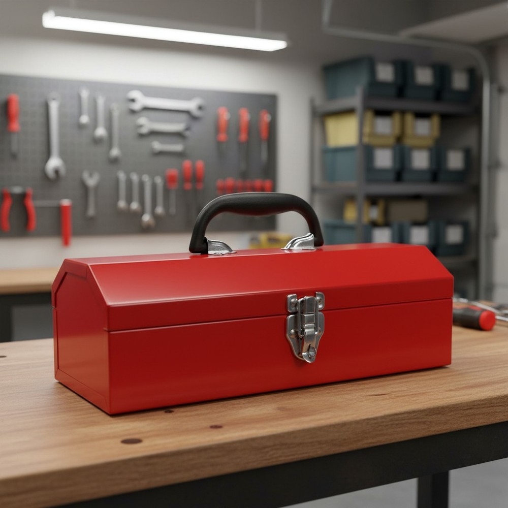 Durable 16" Steel Tool Storage Box - Elegant Red Finish for Easy Identification