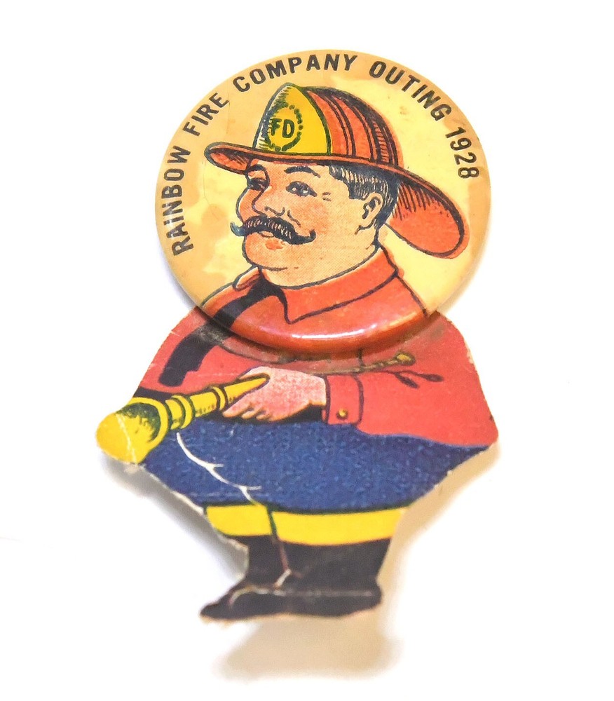VINTAGE RAINBOW FIRE CO. OUTING 1928 FIREMAN FIRE FIGHTER EVENT PINBACK BUTTON