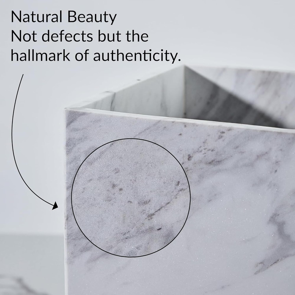 Natural White Marble Wastebasket Elegant Texture Rectangular Trash Can Luxury