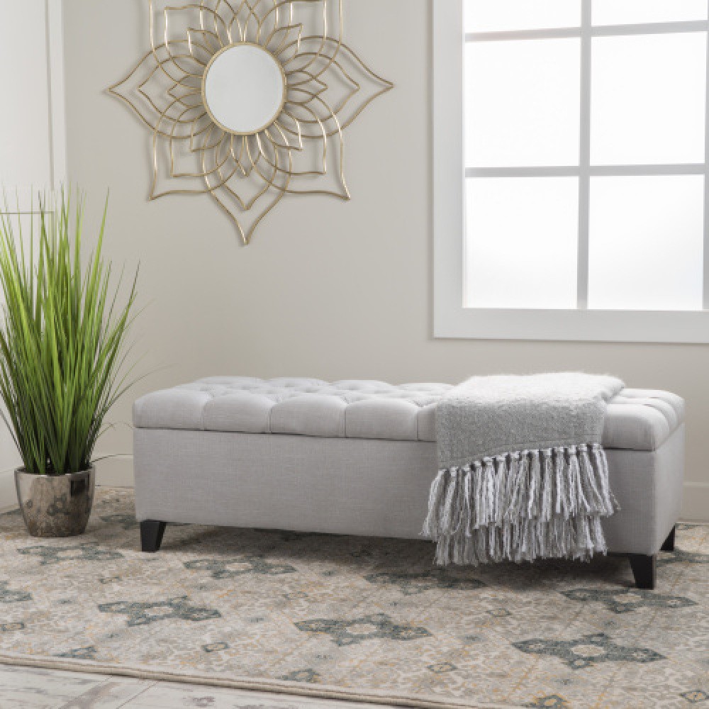 Light Gray Storage Ottoman Bench, Button Tufted Diamond Stitch Extra Seating