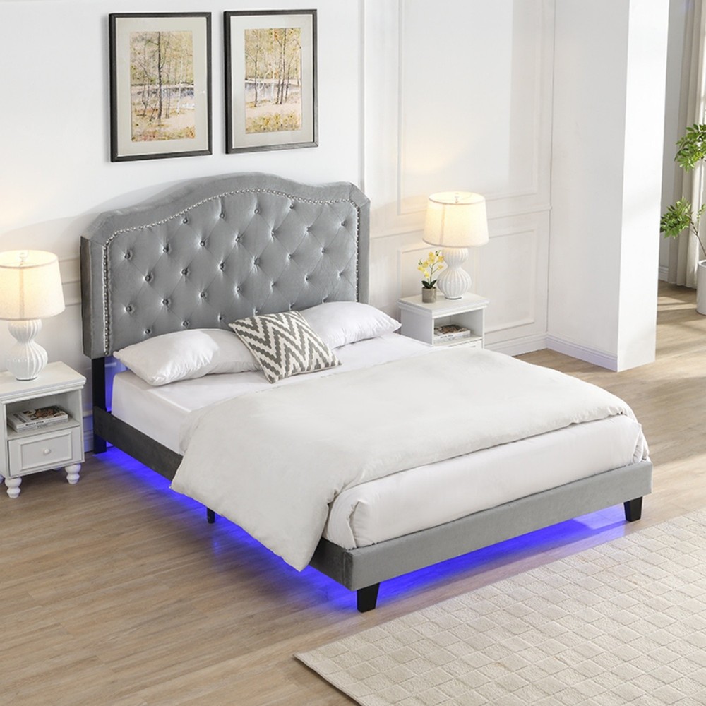 Queen Size Bed Frame Upholstered Platform Bed w/ LED Lights Black/Light Gray