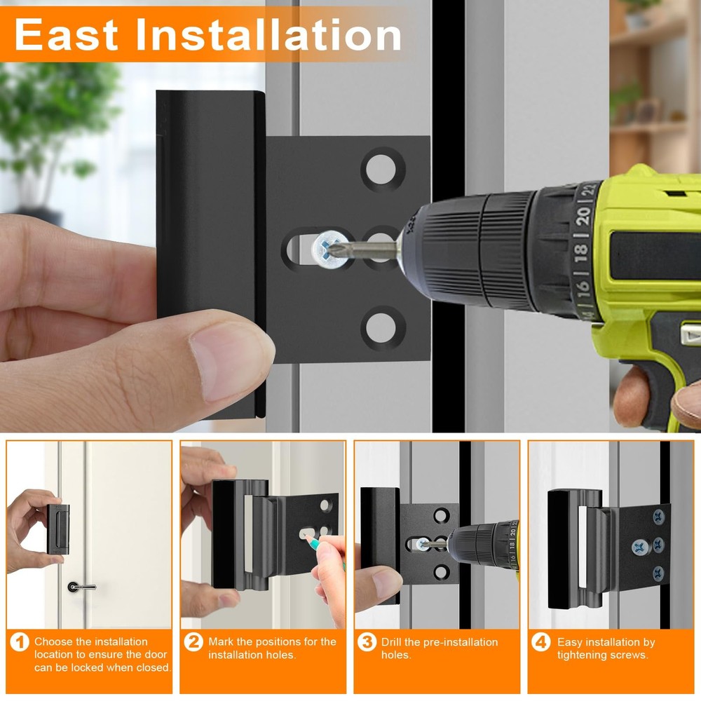 Home Security Door Reinforcement Lock, Upgraded Front 2 Pack, Black