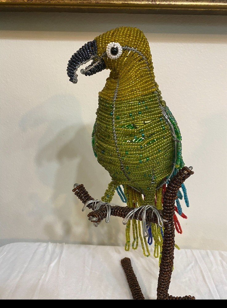 Hand Crafted Beaded Wired Parrot Bird On Perch
