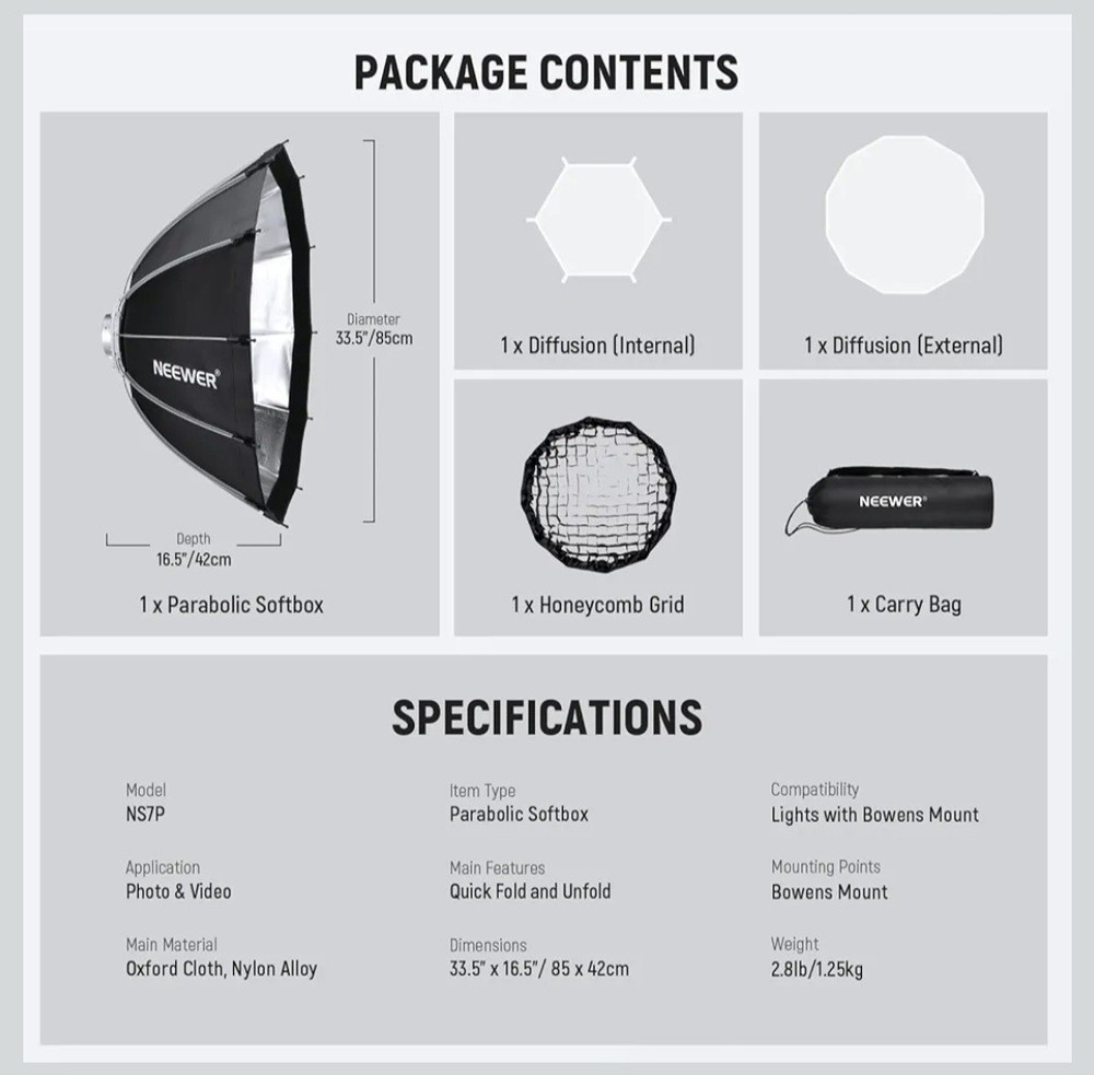 NEEWER 85cm Parabolic Softbox Quick Set up Quick Release Bowens w/ Diffusers/Bag