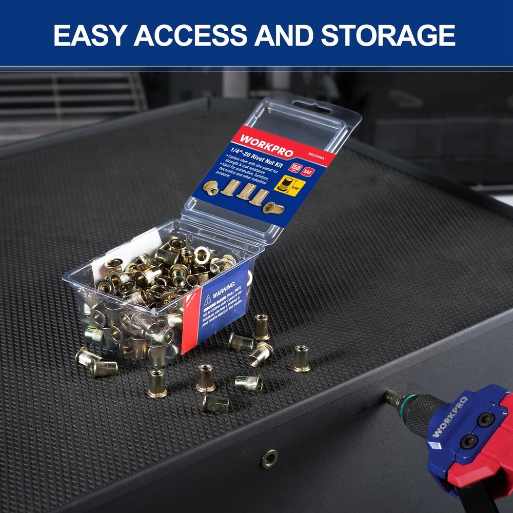 WORKPRO 150PC Rivet Nut 1/4"-20 Rivnut Zinc Plated Flat Head Threaded Insert Nut