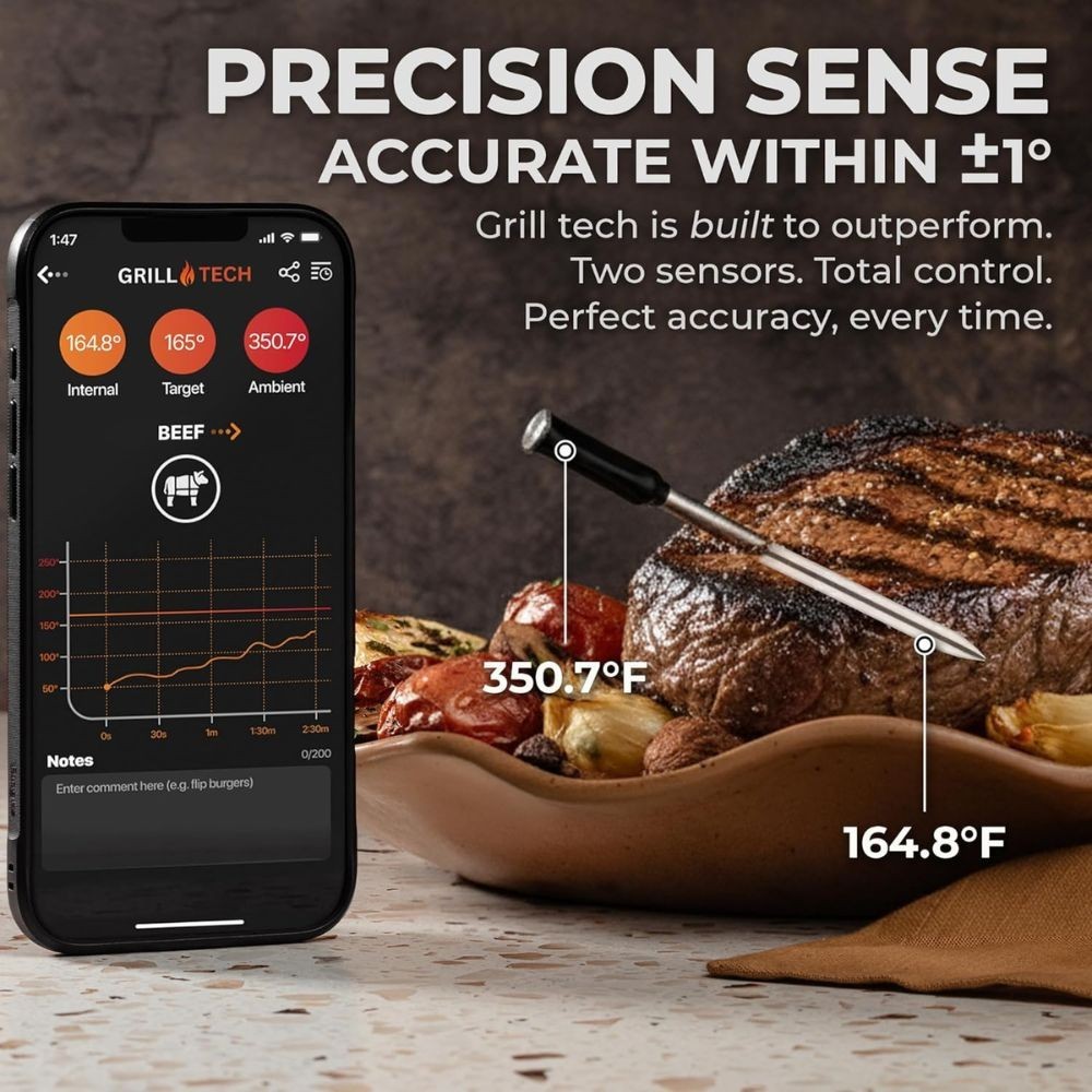 Grill Tech Bluetooth Meat Thermometer – Wireless, USB-C, Smart App