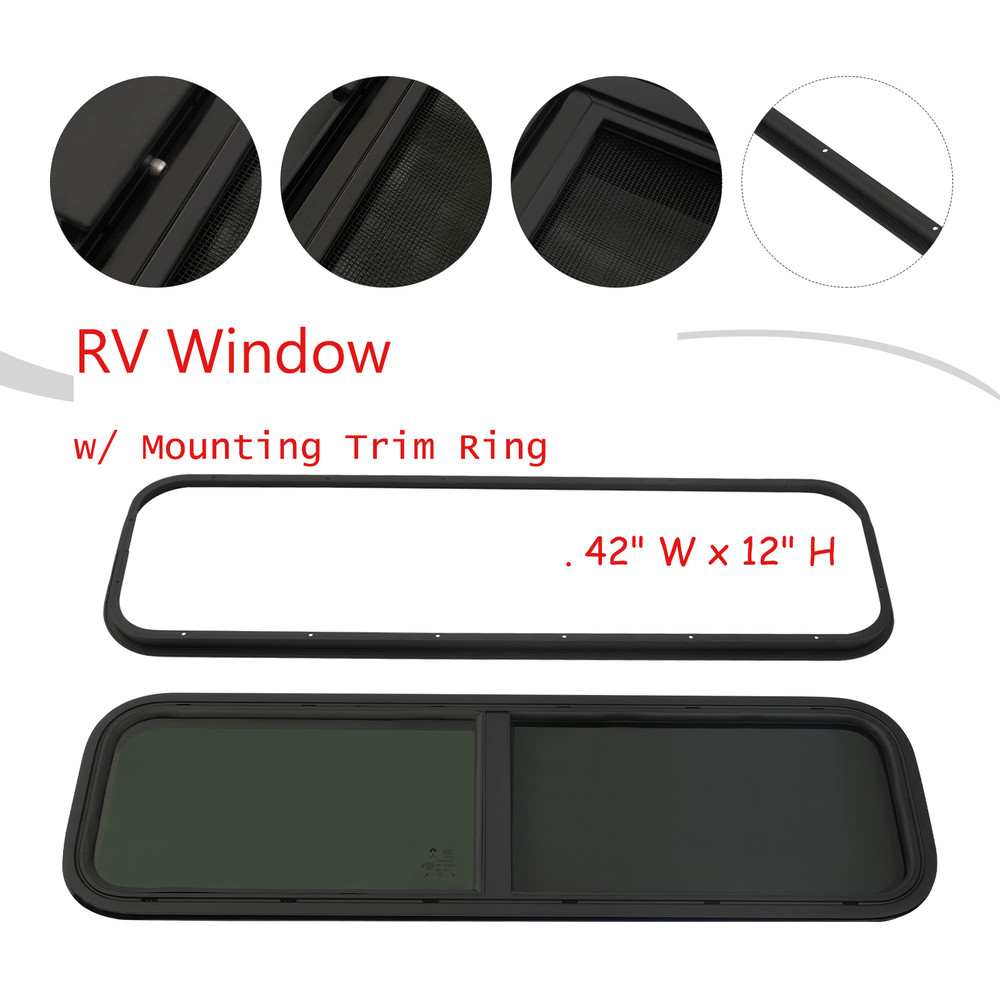 Camper RV Window 42" X 12" Horizontal Sliding Replacement Glass with Trim Ring