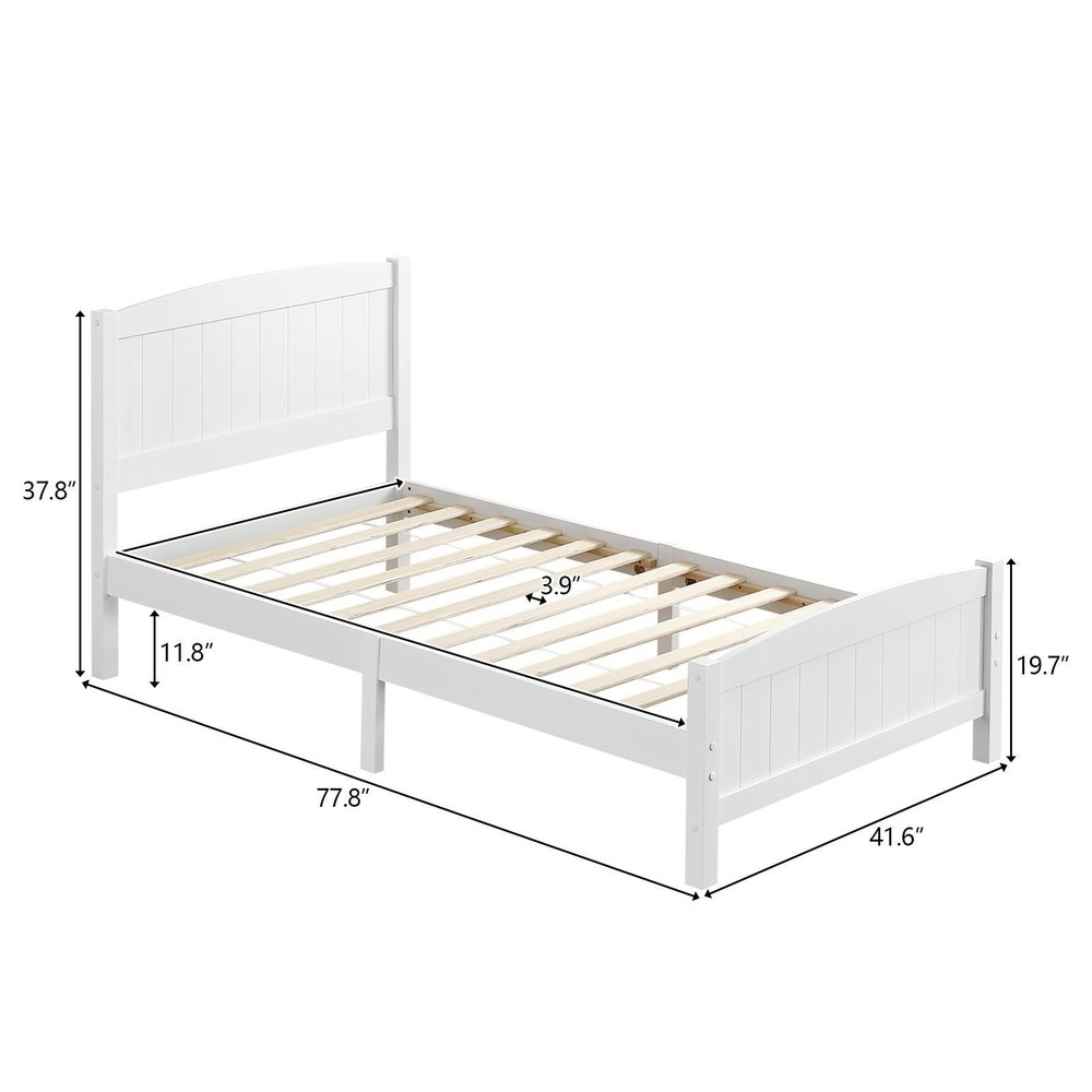 White Twin Size Solid Wood Platform Bed Frame Single Bed with Headboard