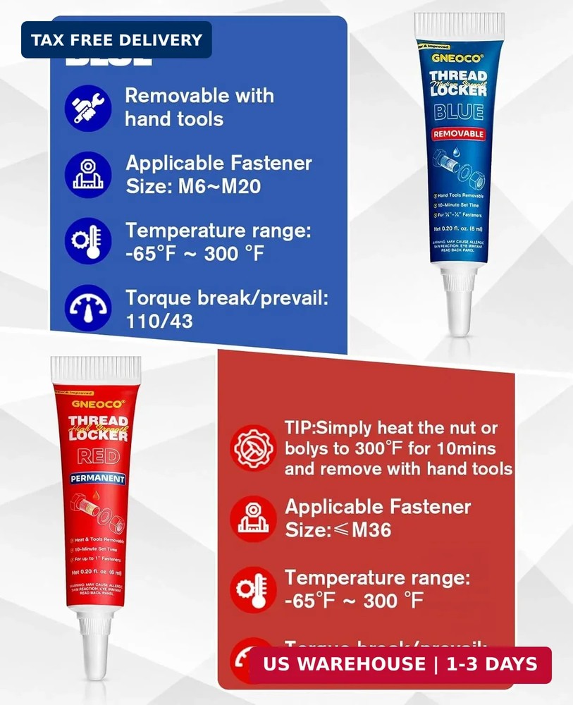 2 Pack Thread Locker Blue and Red 6mlx2 - Medium and Strong StrengthThreadlocker