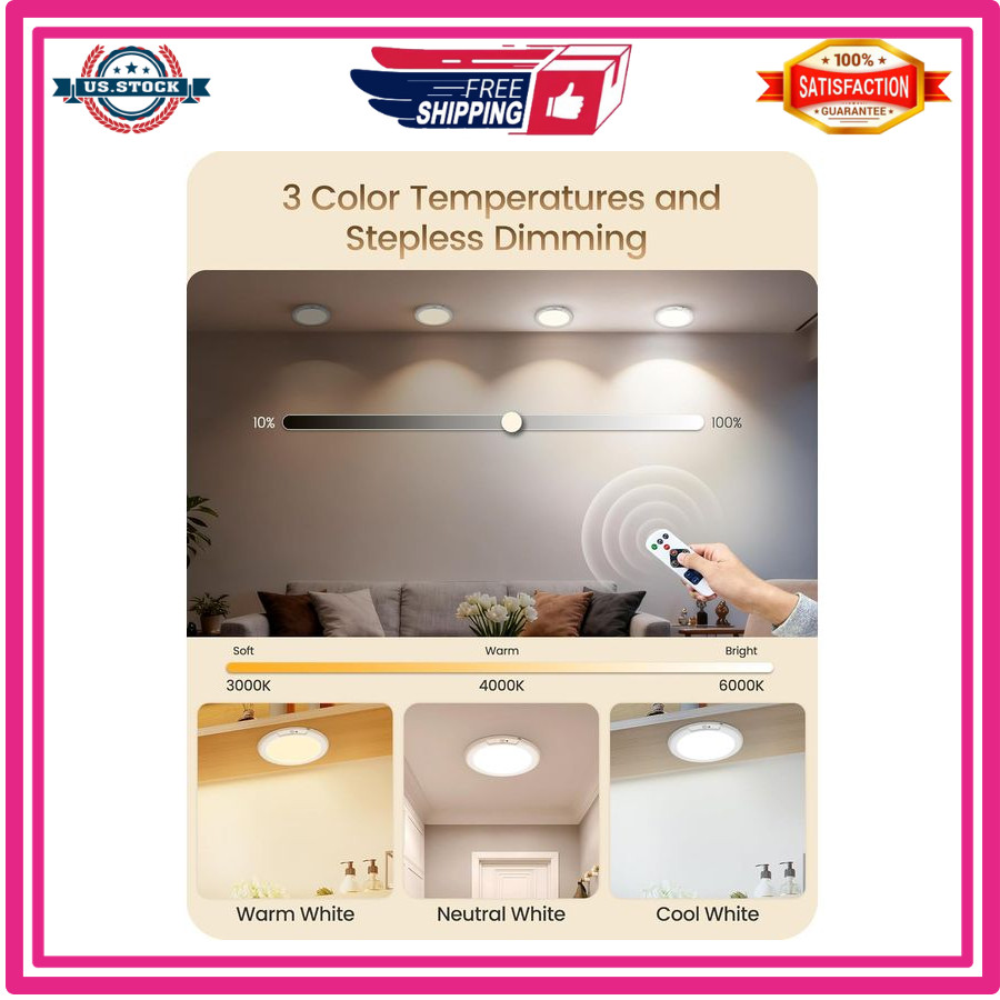 Rechargeable Motion Sensor Ceiling Light Wireless Dimmable Remote 3 Color