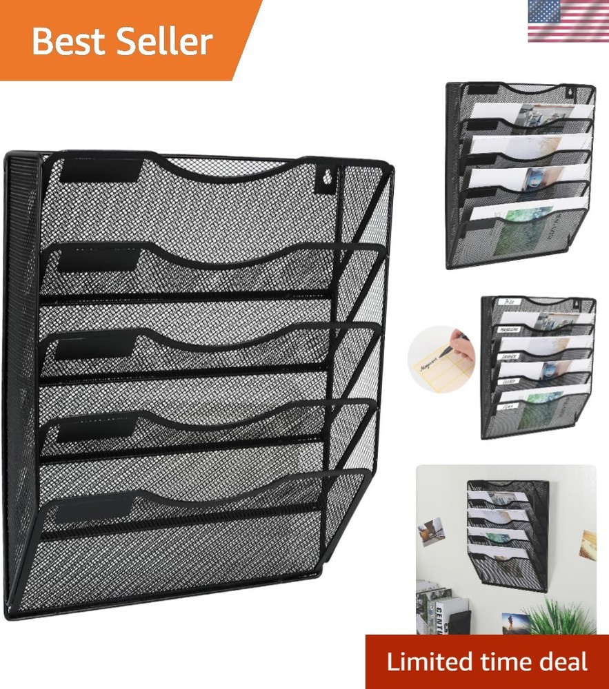 5-Tier Metal Wall File Organizer with Label Slots for Efficient Document Storage