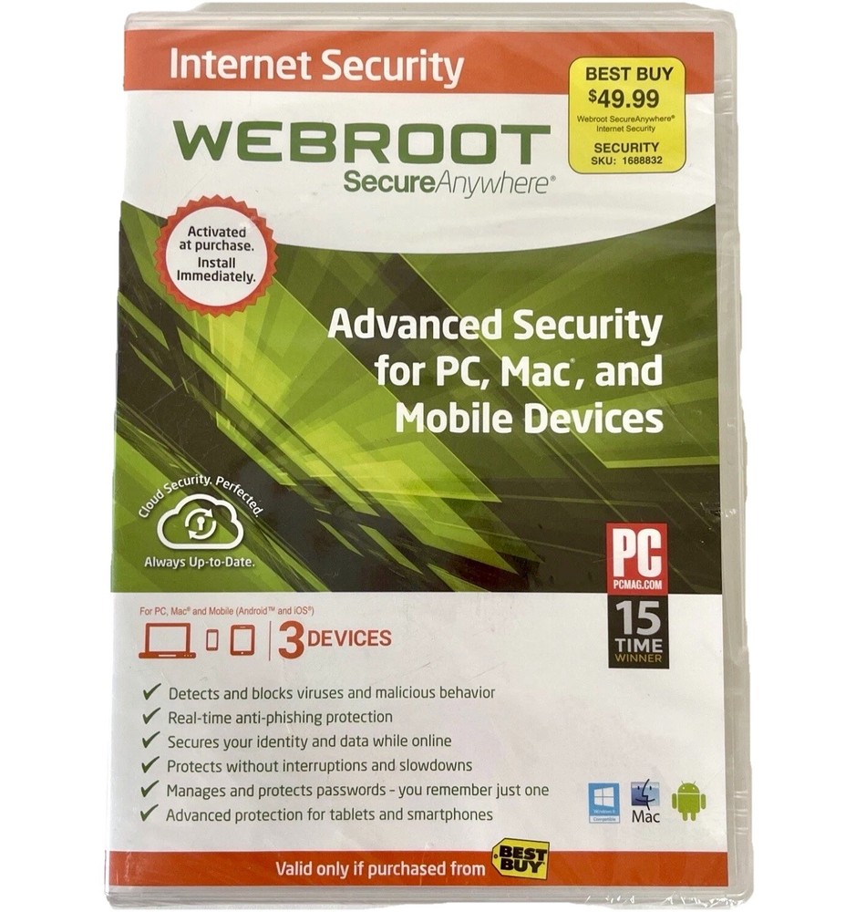 WEBROOT Secure Anywhere Internet Security  3 Devices Antivirus Mobile PC Mac New