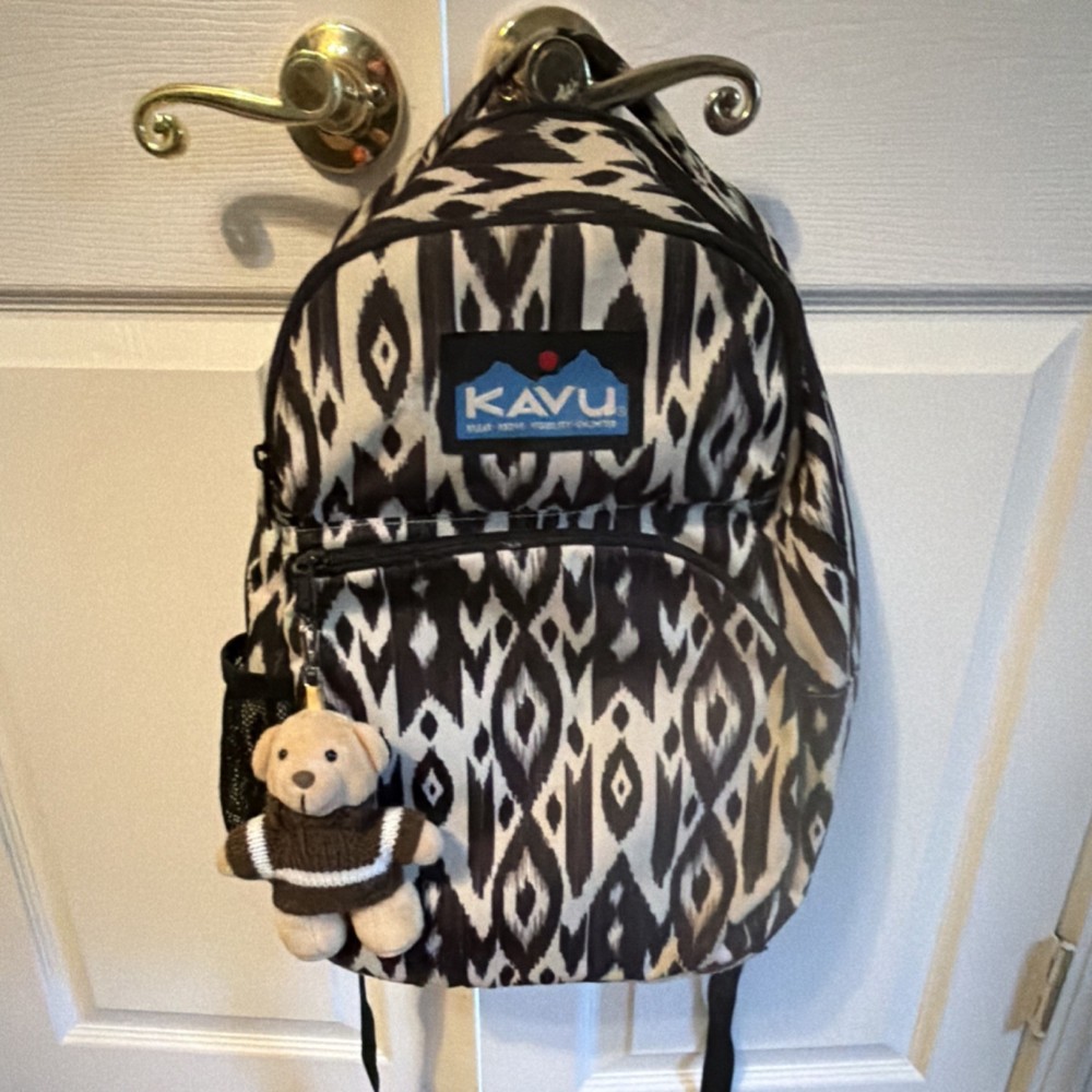 KAVU Black White lkat pattern Backpack Adjustable Straps