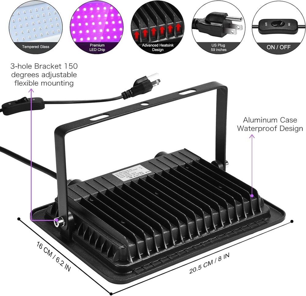 3 Pack 100W LED Black Light, Blacklight Flood Light with Plug and Switch, IP66