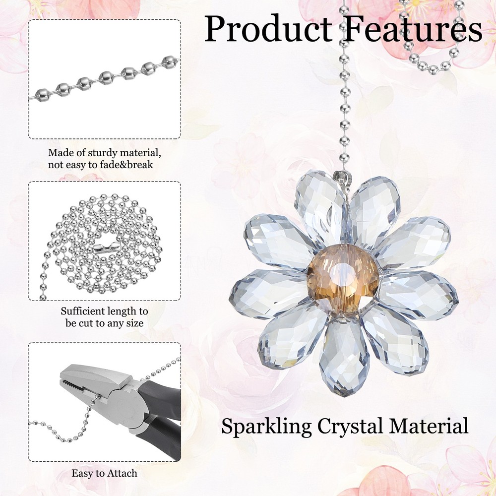 2Pcs Ceiling Fan Pull Chain 24" Crystal Flower Pendant Chain Extender Light Blue