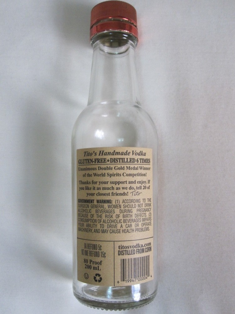Tito's Handmade Vodka "Empty" 200ml Bottle "Variant" Brand Label