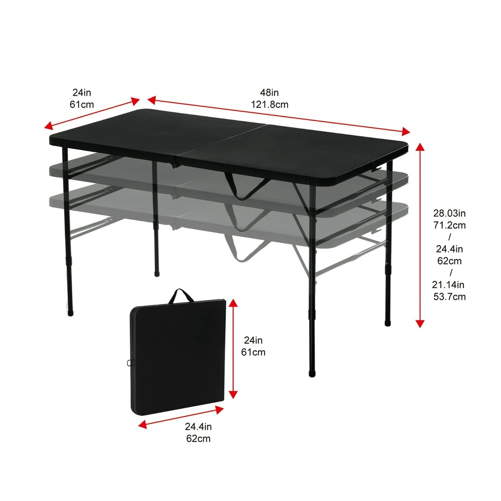 Mainstays 4 Foot Fold-in-Half Adjustable Folding Table, Rich Black, New.