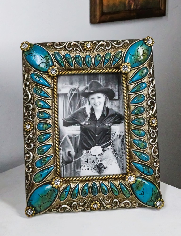 Rustic Western Turquoise Teardrop Gems Scrollwork Patterns 6X4 Picture Frame