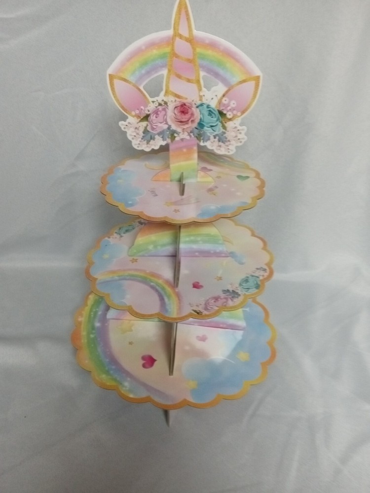 2 Cupcake Cookie Display Stand 3 Tier Unicorn Rainbows READ
