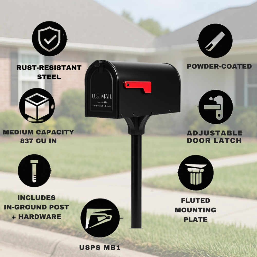Mailbox and In-Ground Post Kit Black Steel Medium Curbside Mail Box Combo Set