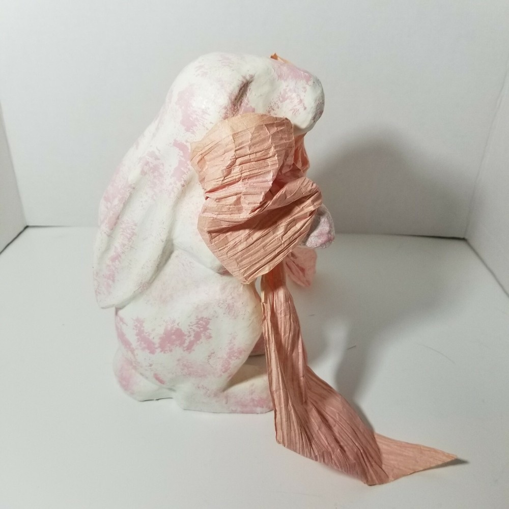 Pink White Paper Mache Bunny With Big Raffia Bow Easter Spring