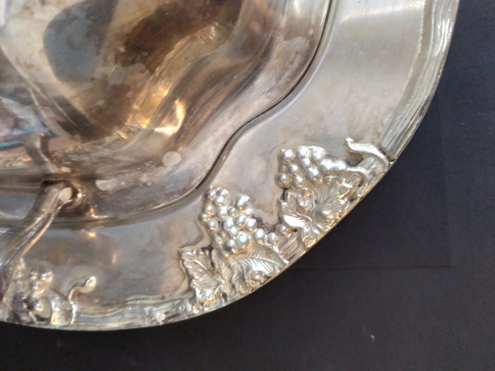 Antique silver serving dish with handled lid, grape design