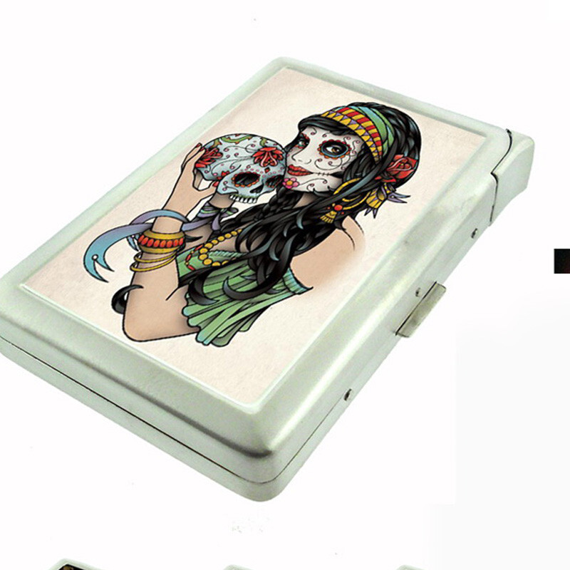 Skull D1 Cigarette Case with Built in Lighter Metal Wallet