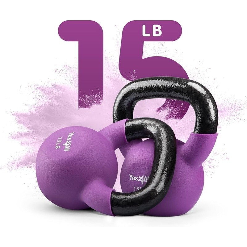 Neoprene Coated Cast Iron Kettlebell 15lb Ergonomic Handle Flat Bottom Stability
